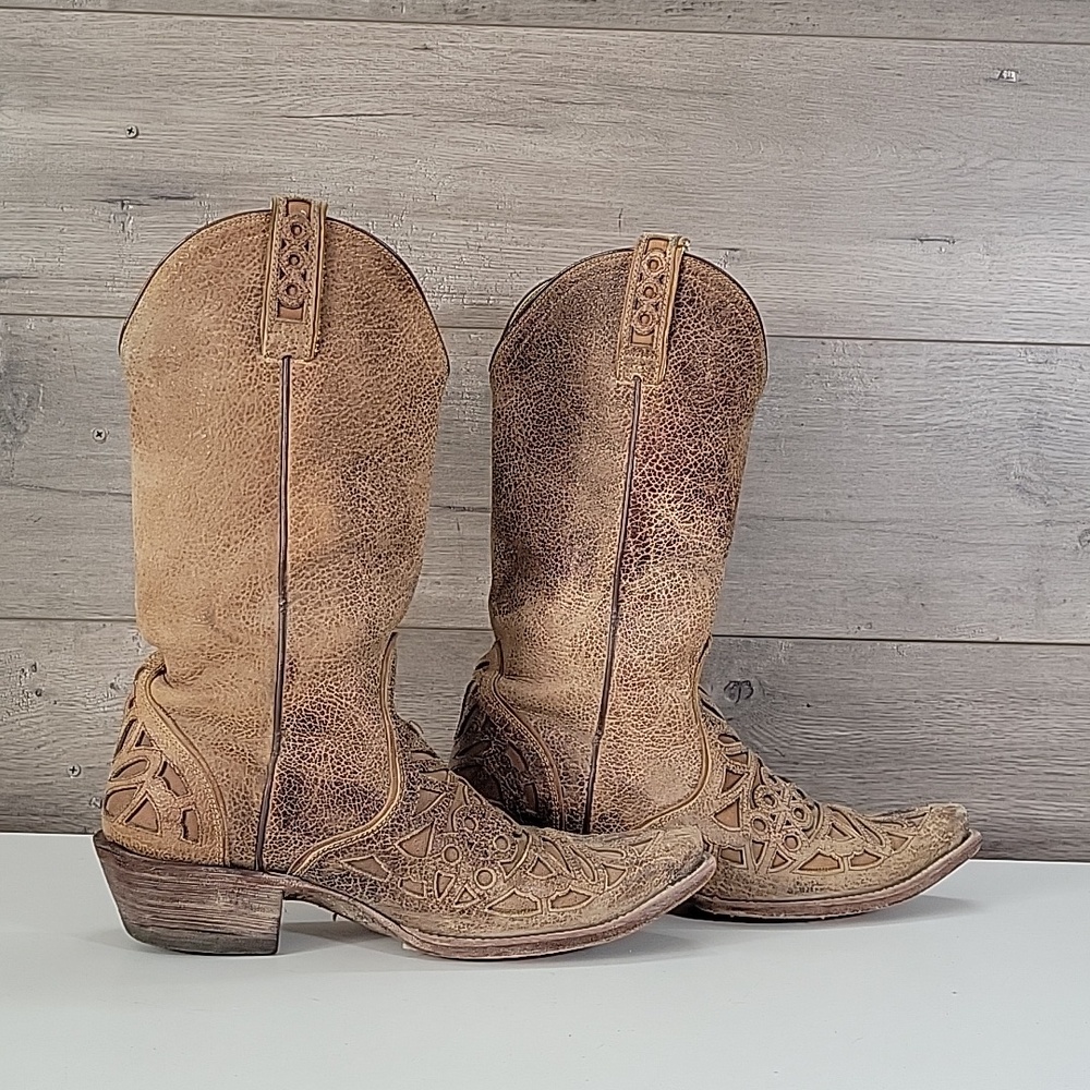 Women's Ariat Distressed Cutout Brown Leather Western Cowboy Boots Sz 10 - Picture 4 of 15